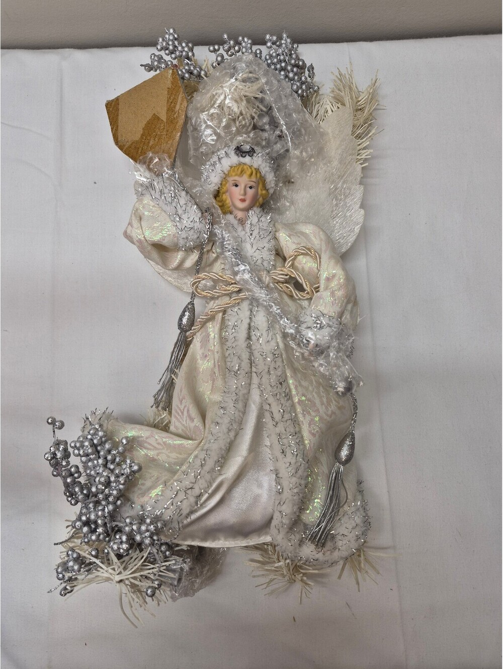 Vintage Avon White Angel Christmas Tree Topper with Silver Accents J59